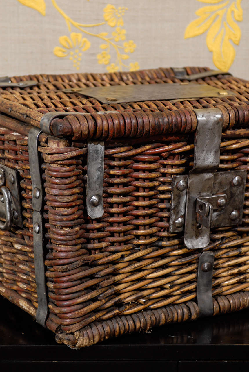 Mid-20th Century 1940s Basket With Steel Straps and Handles