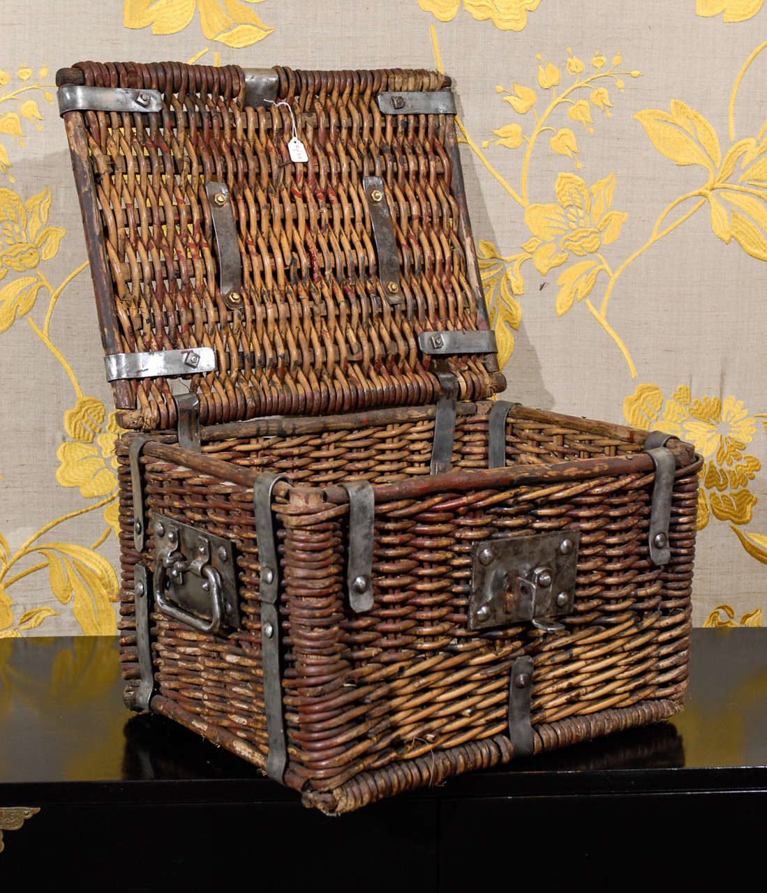 Wood 1940s Basket With Steel Straps and Handles