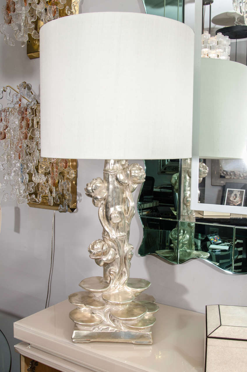 Pair of 1950 Silver Leafed Lotus Lamps