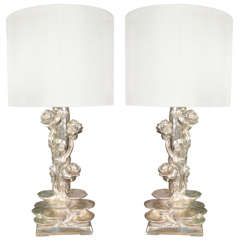 Pair of 1950 Silver Leafed Lotus Lamps