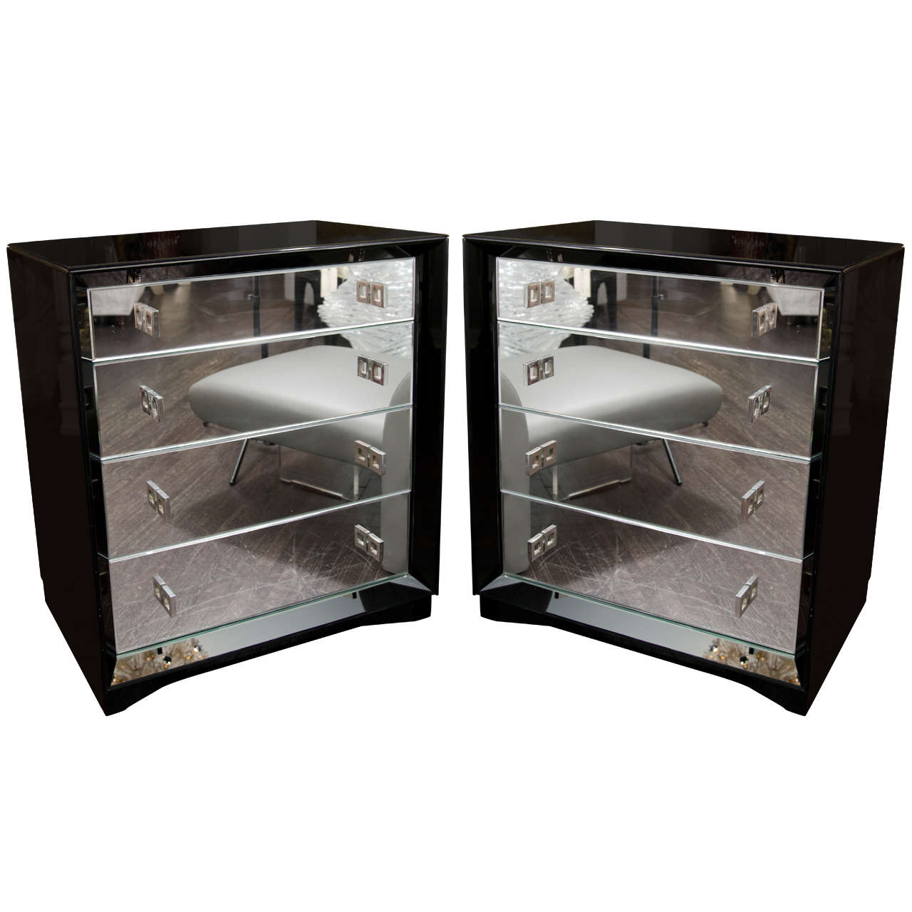 Pair Of James Mont Style Dressers With Black And Starphire Mirror