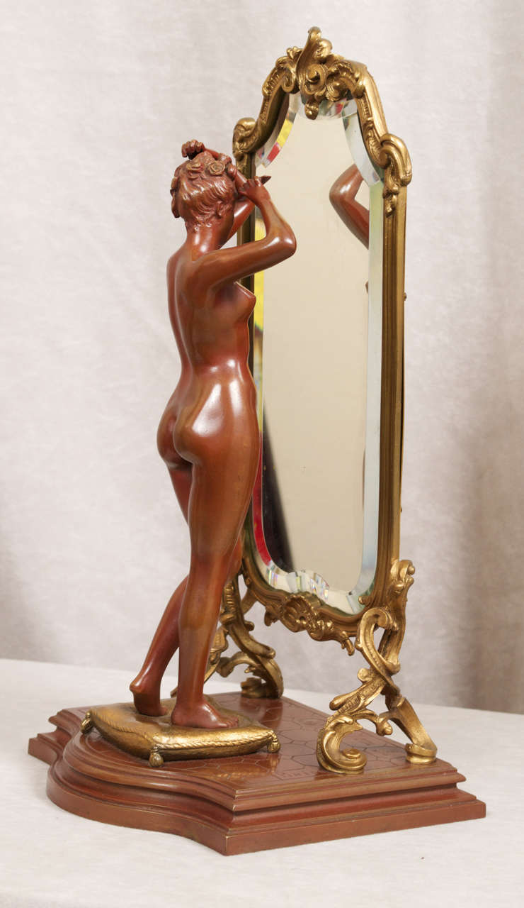 20th Century Bronze Figure of a Nude Woman in Front of a Cheval Mirror