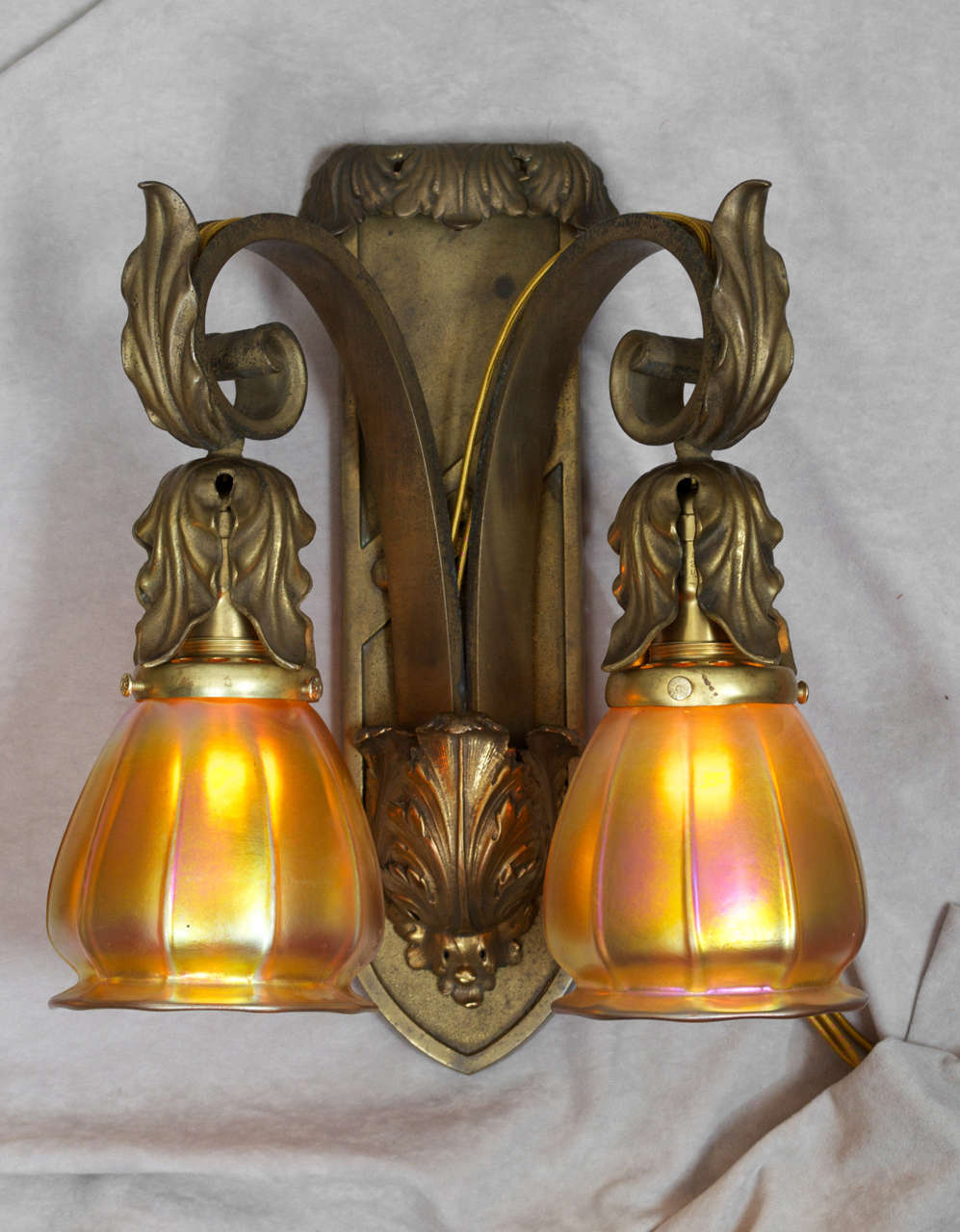 Beaux Arts Pair of Gilt Bronze Two-Arm Sconces with Handblown Steuben Glass