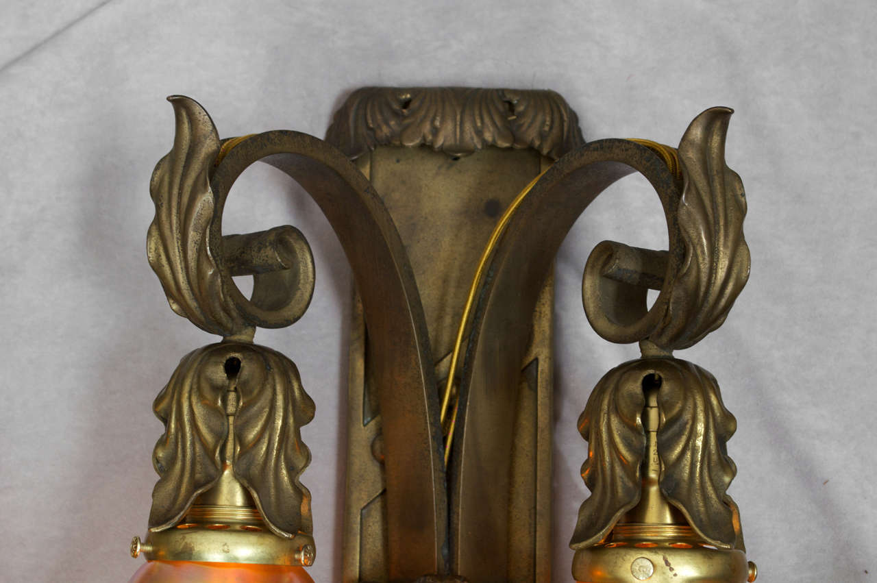 American Pair of Gilt Bronze Two-Arm Sconces with Handblown Steuben Glass