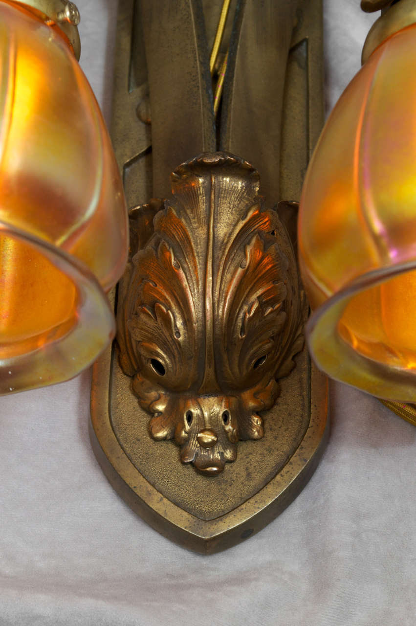 Hand-Crafted Pair of Gilt Bronze Two-Arm Sconces with Handblown Steuben Glass