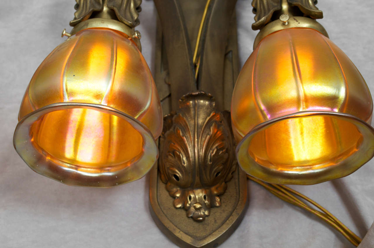 Pair of Gilt Bronze Two-Arm Sconces with Handblown Steuben Glass In Excellent Condition In Petaluma, CA