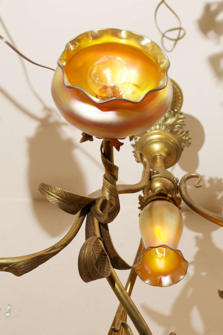 Gilt Art Nouveau Chandelier with Handblown Shades