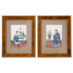 Antique Pair Fine Chinese Tempera Paintings in Burl Frames, c. 1840