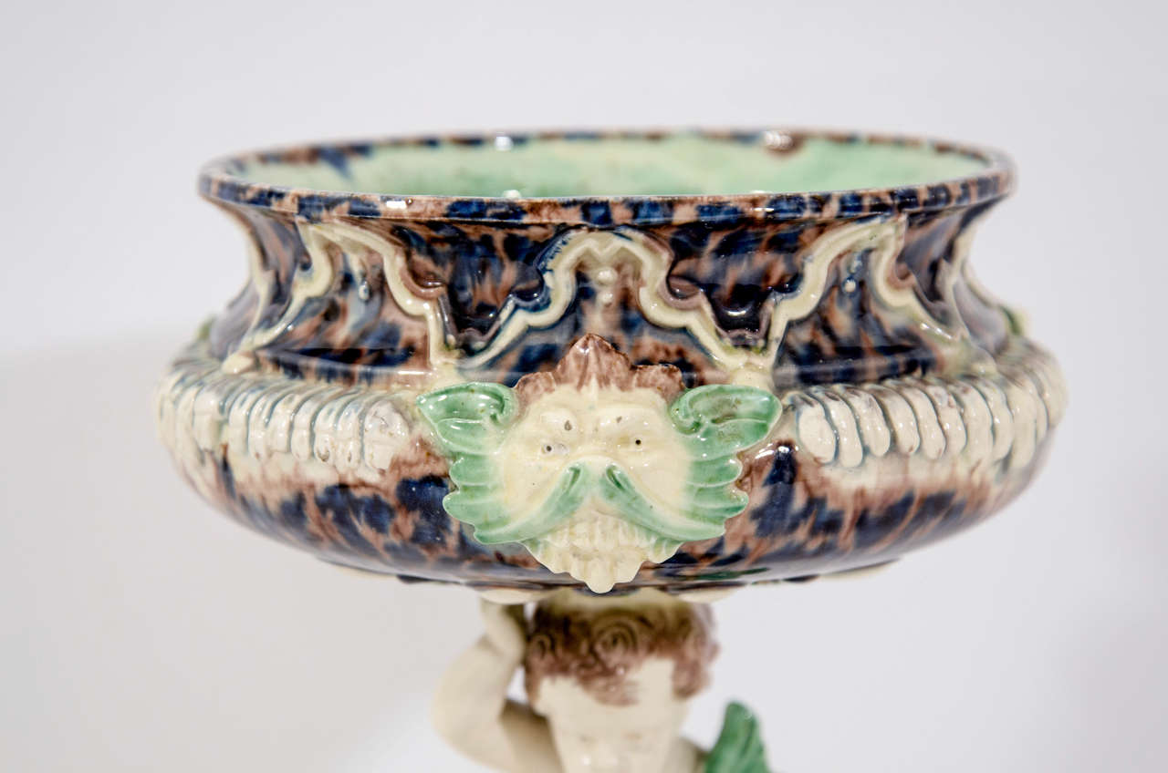 French Sergent Majolica Tazza on Cherub/Dolphin Base, c. 1880 In Excellent Condition In New York, NY