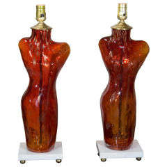 Vintage Pair Red Glass 'Torso' Lamps Marble Bases