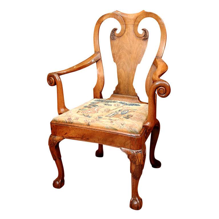 Early 18th Walnut Queen Anne Open Arm Chair