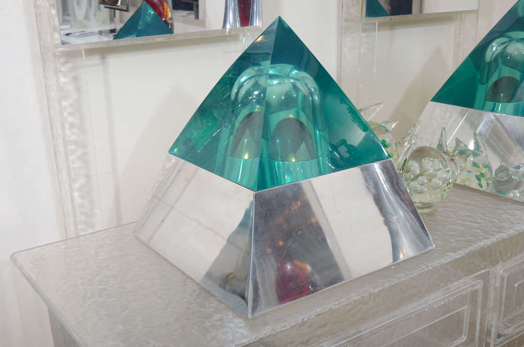 Pair of green lucite pyramid lights with nickel base.<br />
<br />
View our complete collection at www.johnsalibello.com