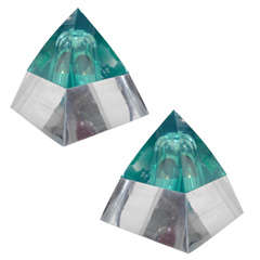 Pair of green lucite pyramid lights