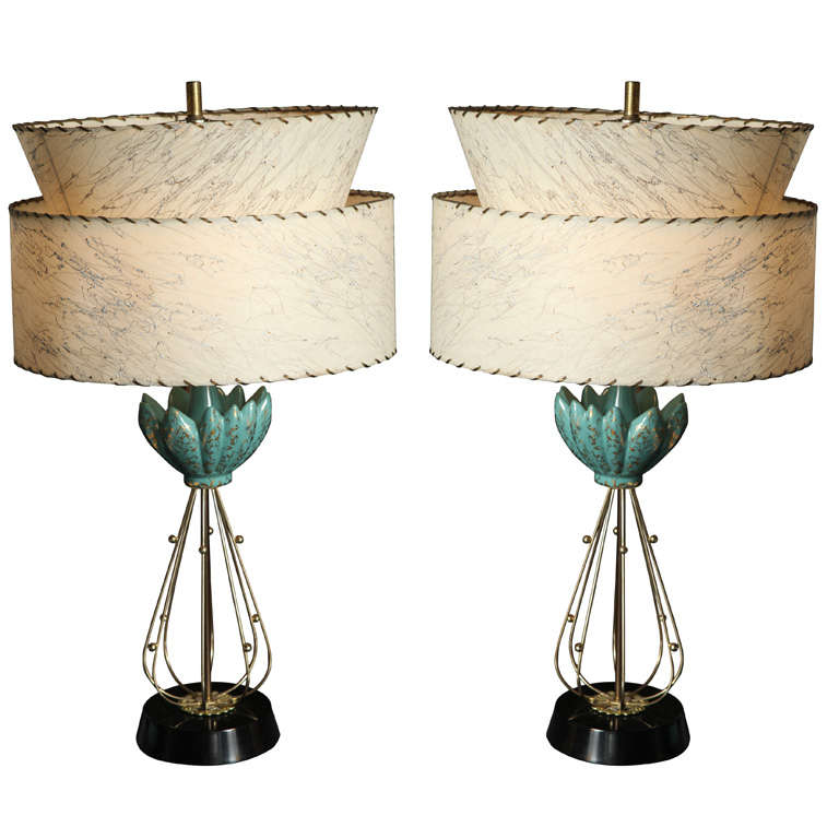 Pair of Atomic 1950s Porcelain Turquoise and Gold Lotus Shaped Table Lamps