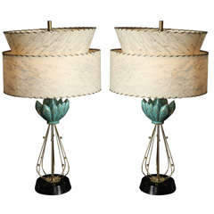 Retro Pair of Atomic 1950s Porcelain Turquoise and Gold Lotus Shaped Table Lamps