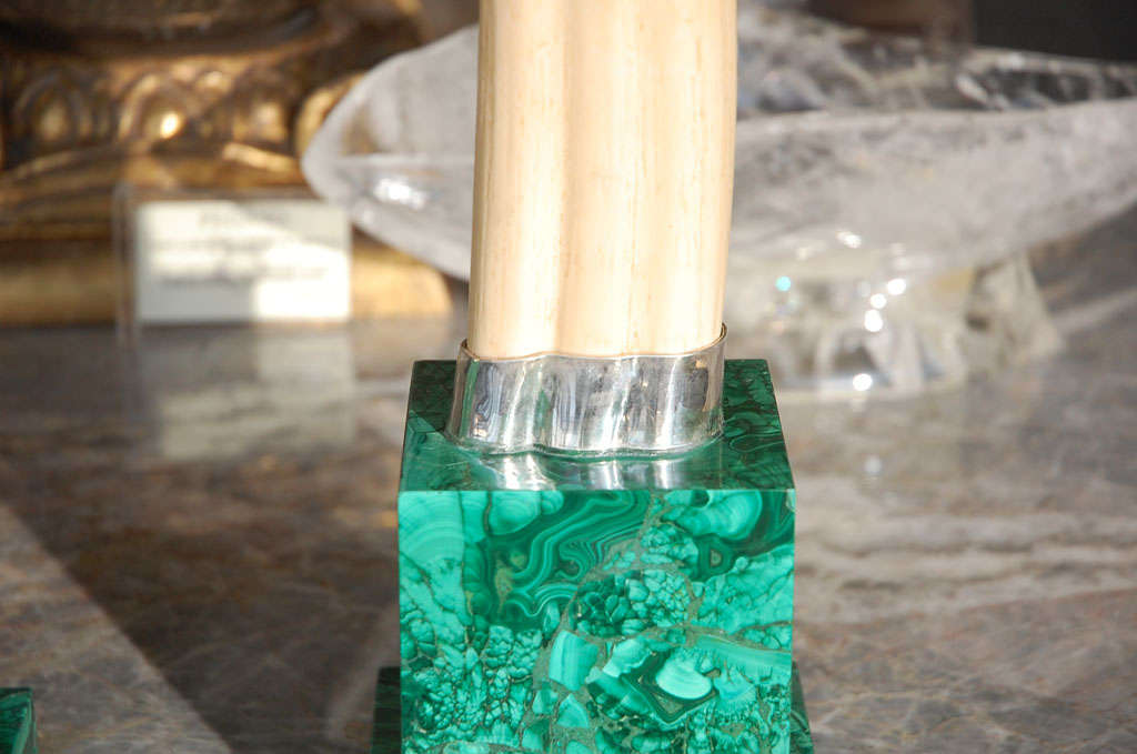 20th Century Pair of Walrus Tusks Mounted on Silver and Malachite Bases