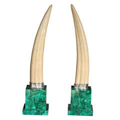 Pair of Walrus Tusks Mounted on Silver and Malachite Bases