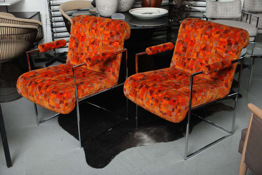American Pair of Milo Baughman Chairs with Original Larsen Fabric