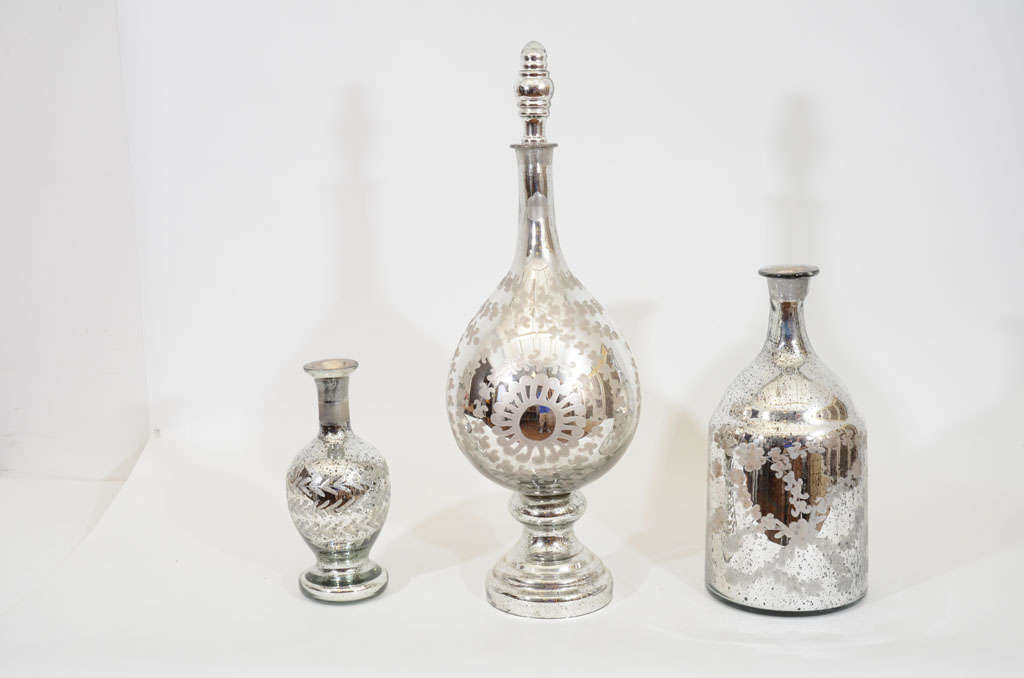 Collection of Three Etched Mercury Glass Objects.  <br />
Priced Individually and Sold Separately.  <br />
Late 20th Century.<br />
<br />
A-7613  Vase with Chevron Design (11