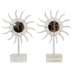 Pair Painted Wrought Iron Sun-Form Mirrored Sculptures, 20th C.