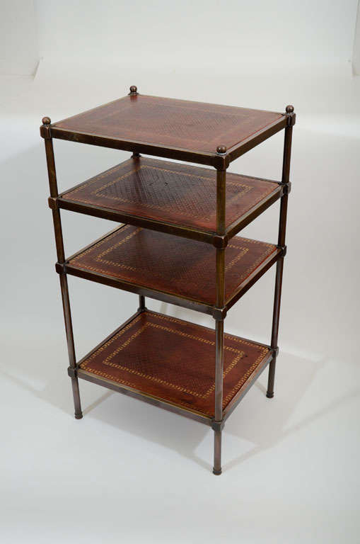 Bronze 4-Tier Etagere with Red Leather Shelves, Mid 20th Century