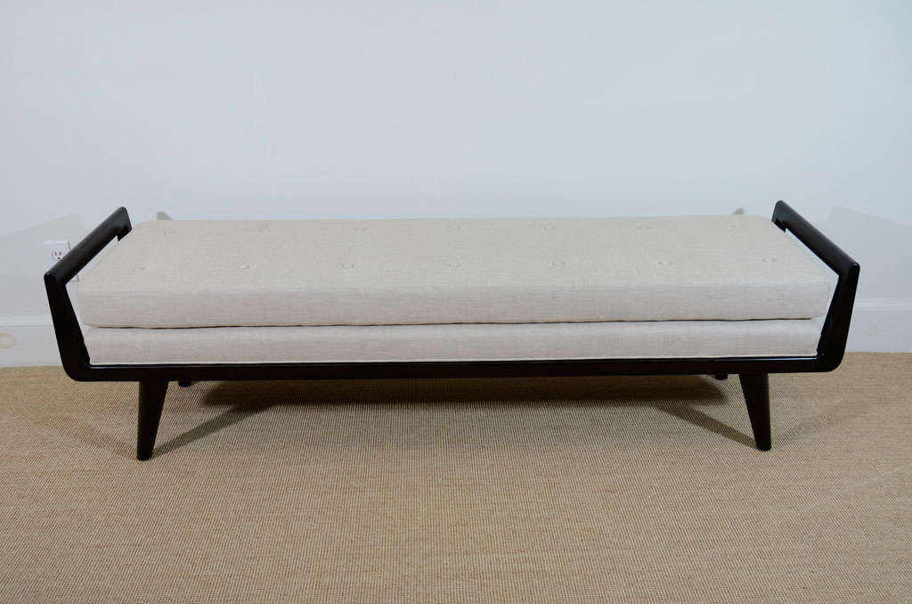 Mid-Century Modern Two Handled Upholstered Wood Framed Bench For Sale