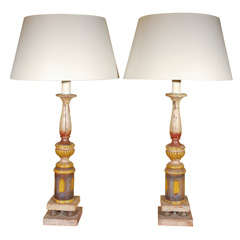 Pair of Late 18th Century Painted Candlesticks, Mounted as Lamps