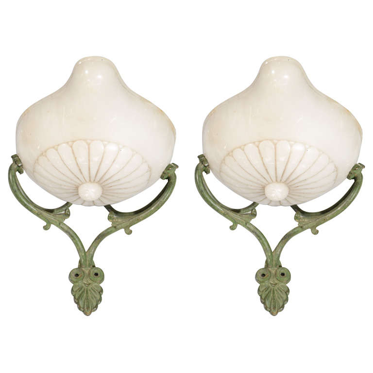 Pair of French Alabaster and Patina Metal Sconces