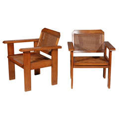Spanish Oak And Cane Arm Chairs by Pedro Sanmarti