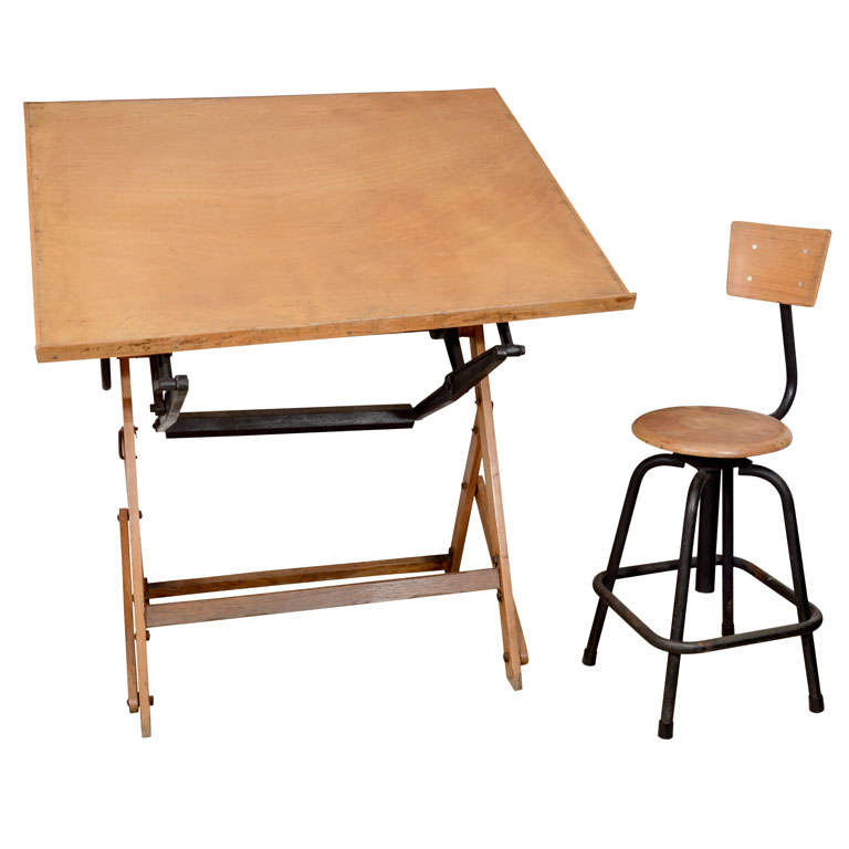 Antique French Wood Drafting Table & Stool For Sale