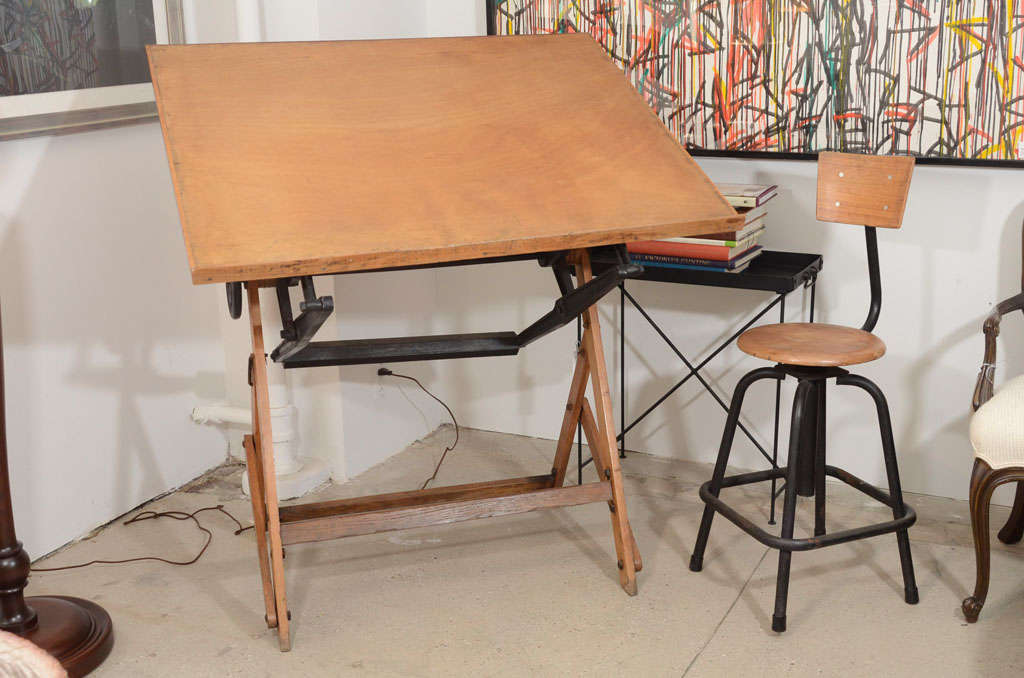 20th Century Antique French Wood Drafting Table & Stool For Sale