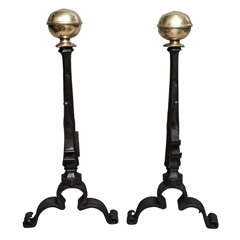 Simple and Elegant Pair of Wrought Iron and Bronze Andirons