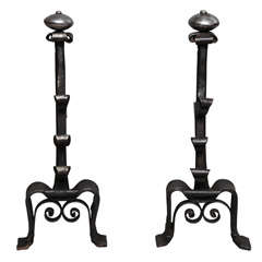 Rare Pair of Spanish Steel and Wrought Iron Baroque Andirons