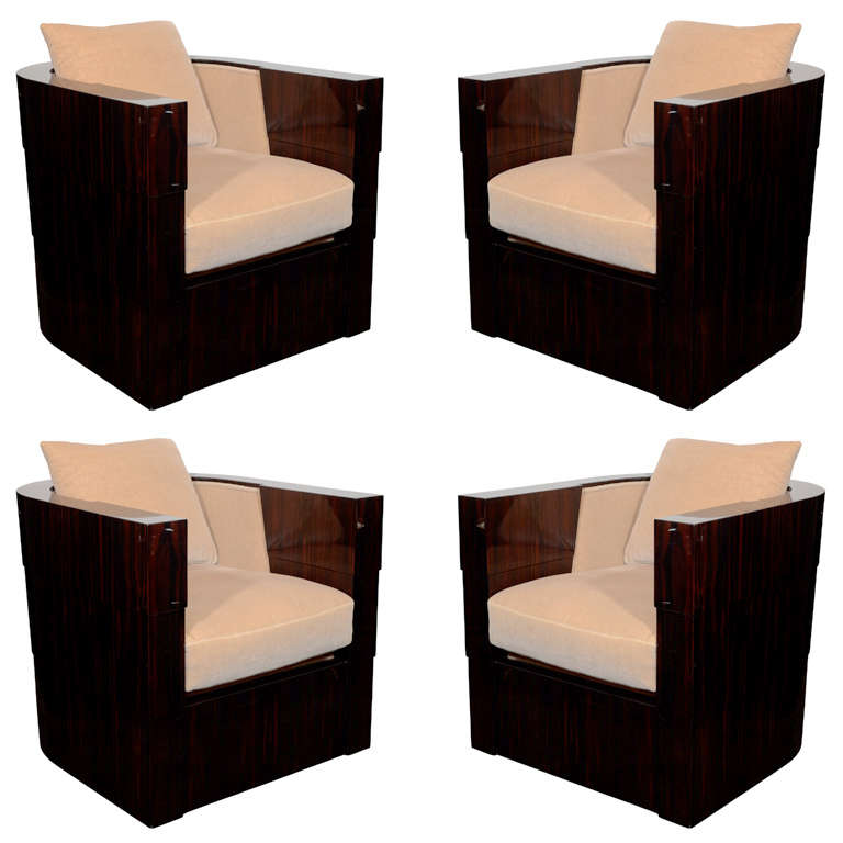 Set of Four Normandy Art Deco Style Macassar Swivel Club Chairs