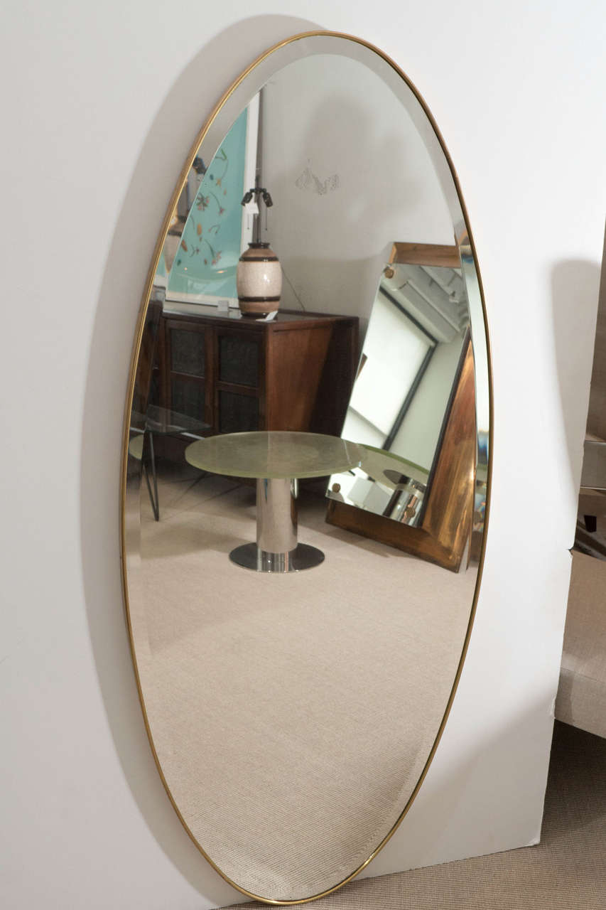 Large Oval Ellipse Shaped Beveled Mirror with a Brass Modernist Frame, Italy, circa 1950