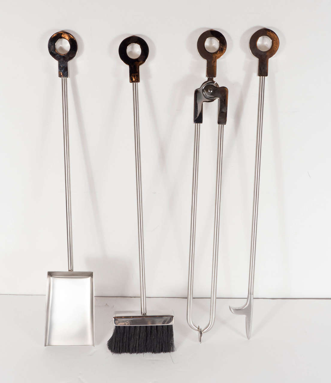 Modernist Brushed & Polished Nickel Four Piece Fire Tool Set by High Style Deco In Excellent Condition For Sale In New York, NY