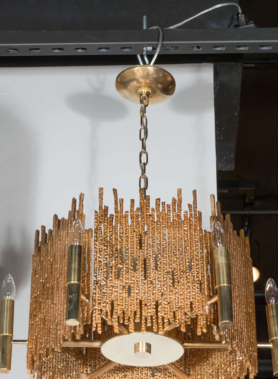 American Mid-Century Modernist Brass Brutalist Six-Light Chandelier