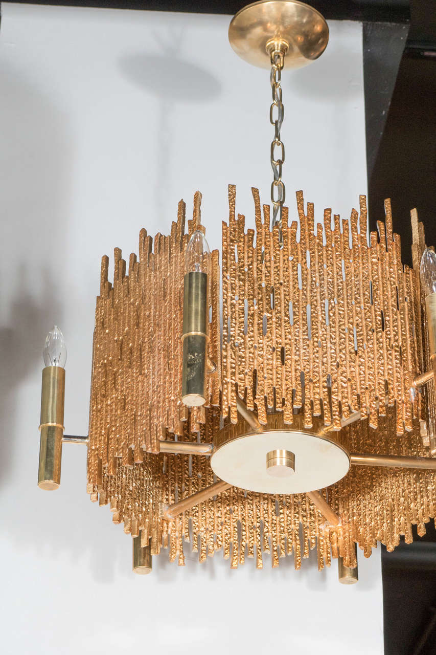 Mid-Century Modernist Brass Brutalist Six-Light Chandelier In Excellent Condition In New York, NY