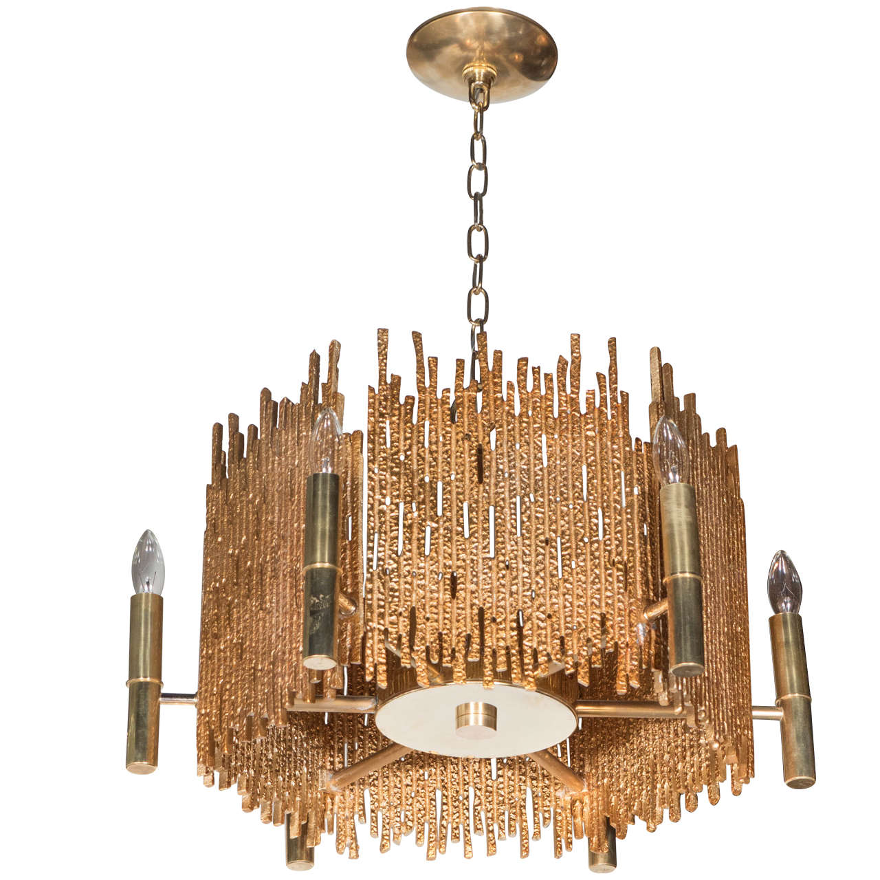 Mid-Century Modernist Brass Brutalist Six-Light Chandelier