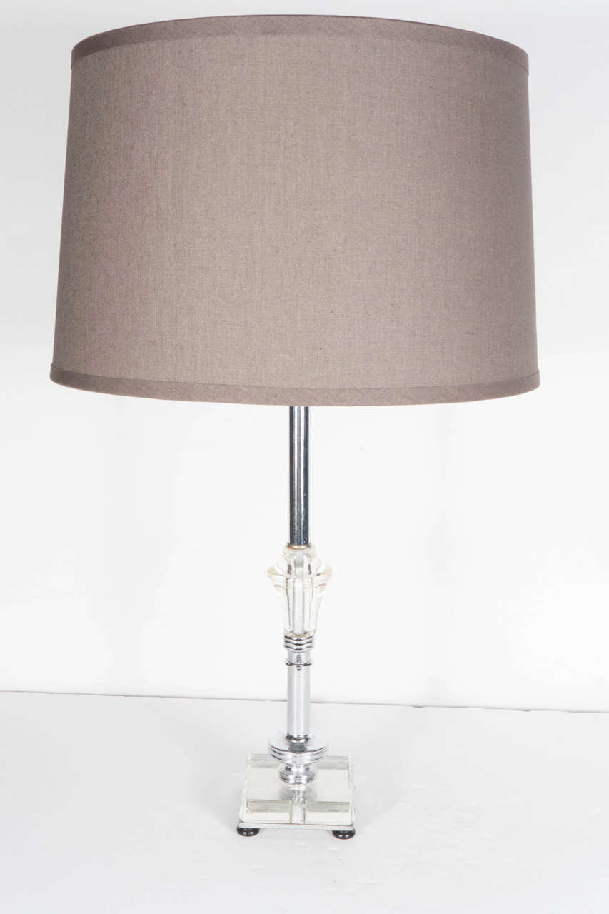 Streamline Pair of Art Deco Machine Age Glass and Chrome Table Lamps