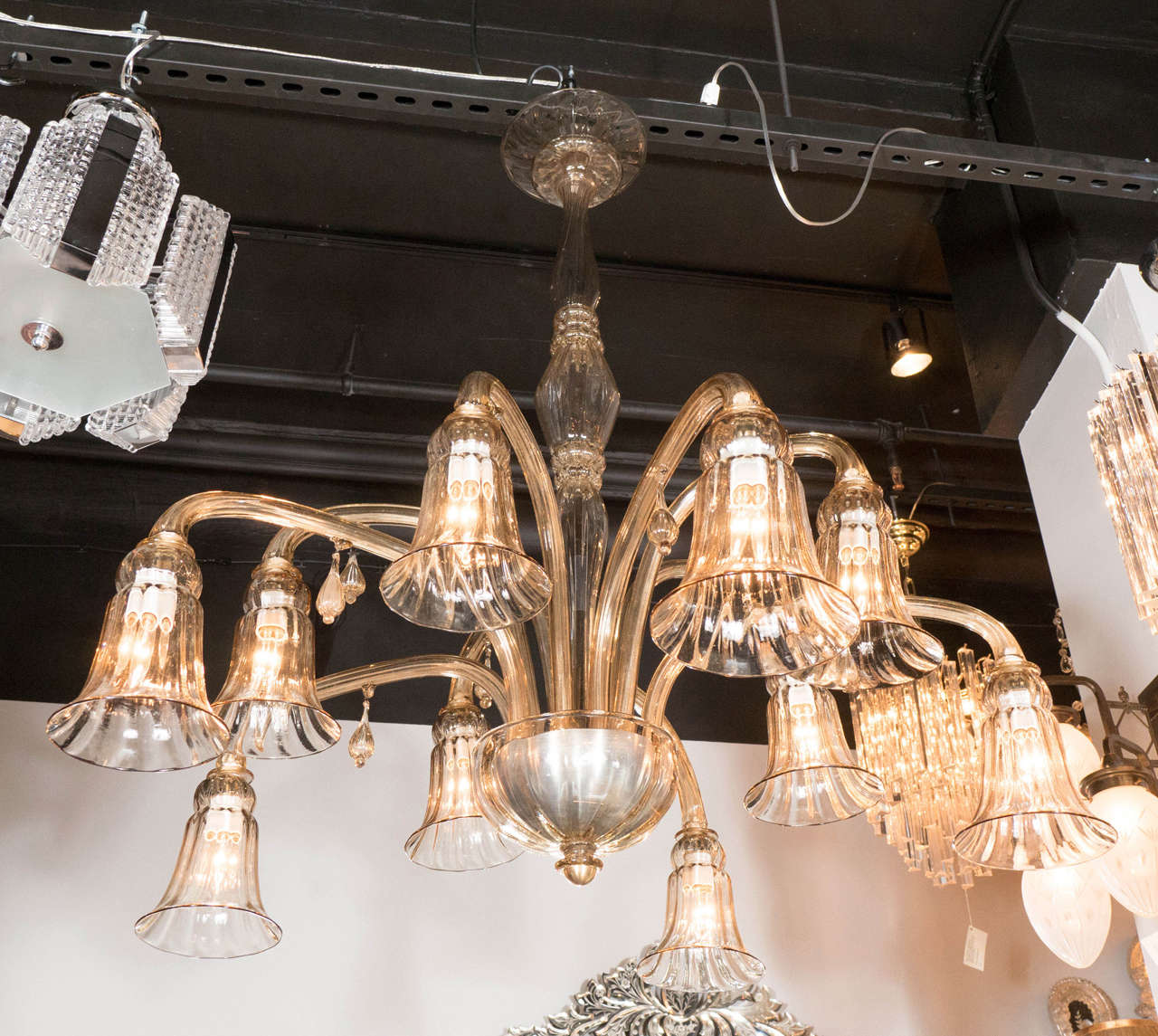 Two-Tiered, Ten-Arm Handblown Murano Glass Venetian Chandelier by Venini