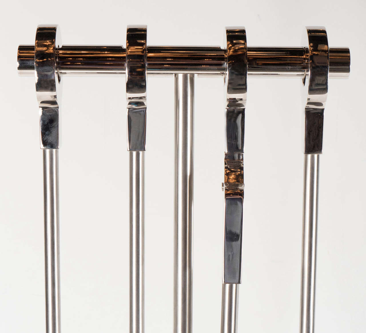Modernist Brushed and Polished Nickel Four Piece Fire Tool Set by High