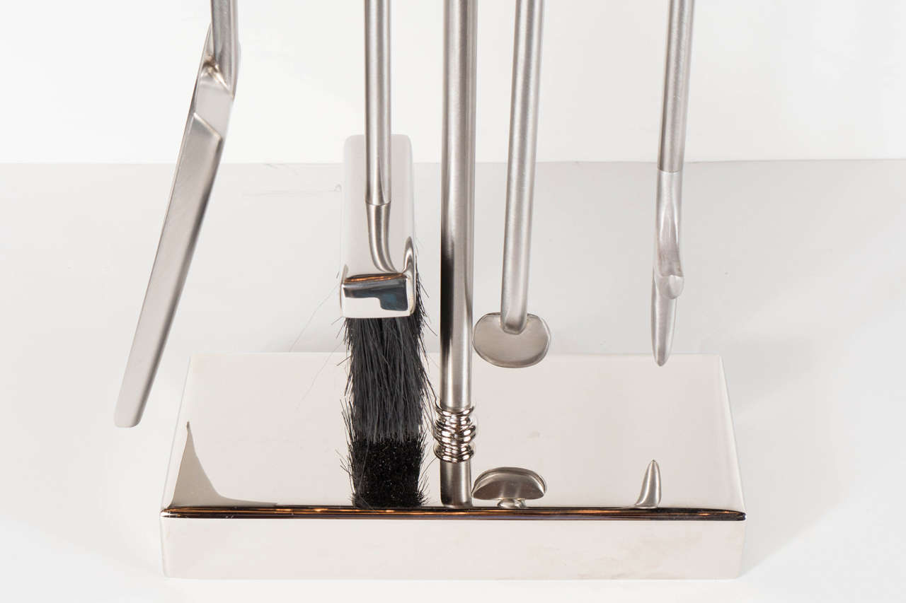 Modernist Brushed and Polished Nickel Four Piece Fire Tool Set by High