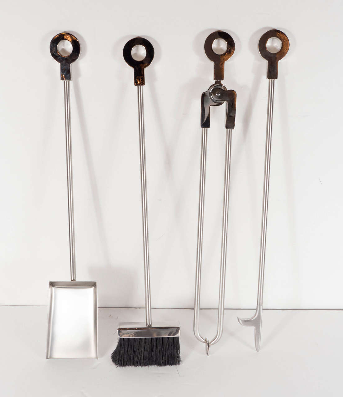 Modernist Brushed and Polished Nickel Four Piece Fire Tool Set by High