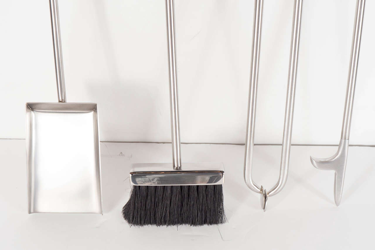 Modernist Brushed and Polished Nickel Four Piece Fire Tool Set by High