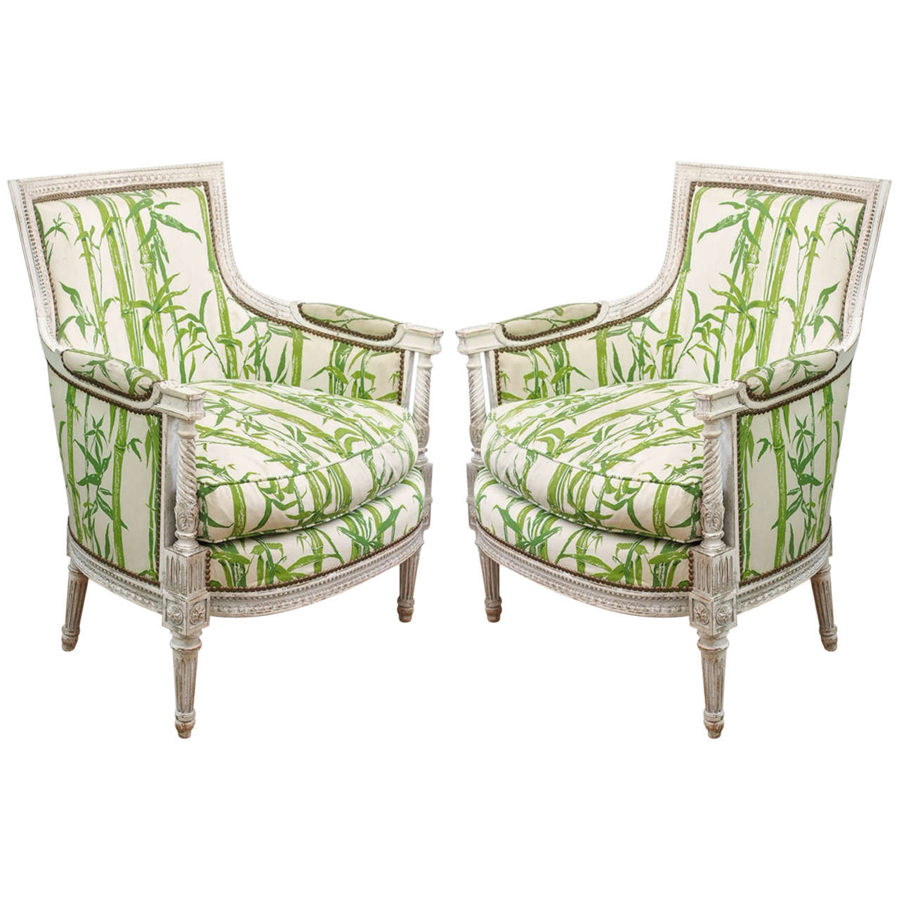 Pair of  French Louis XVI Painted Bergeres For Sale