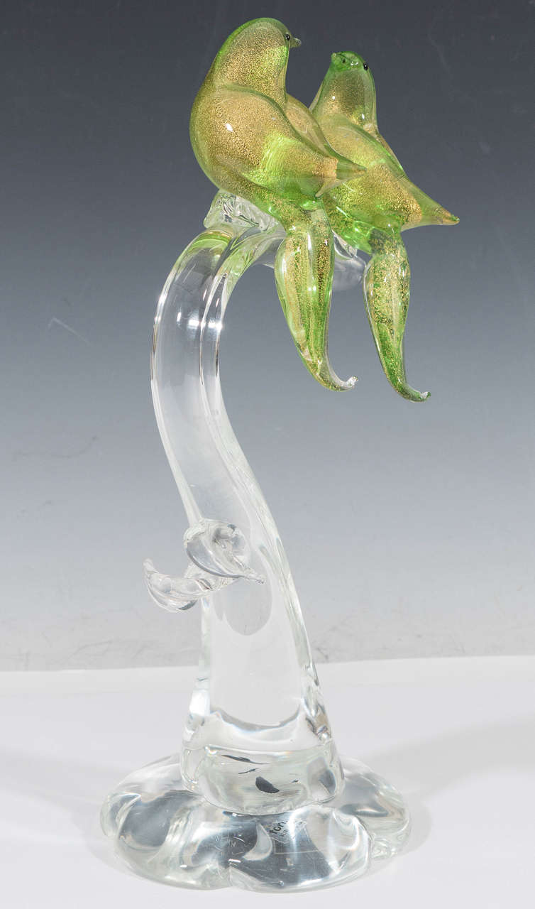 Italian A Midcentury Formia Murano Glass Perching Birds Sculpture