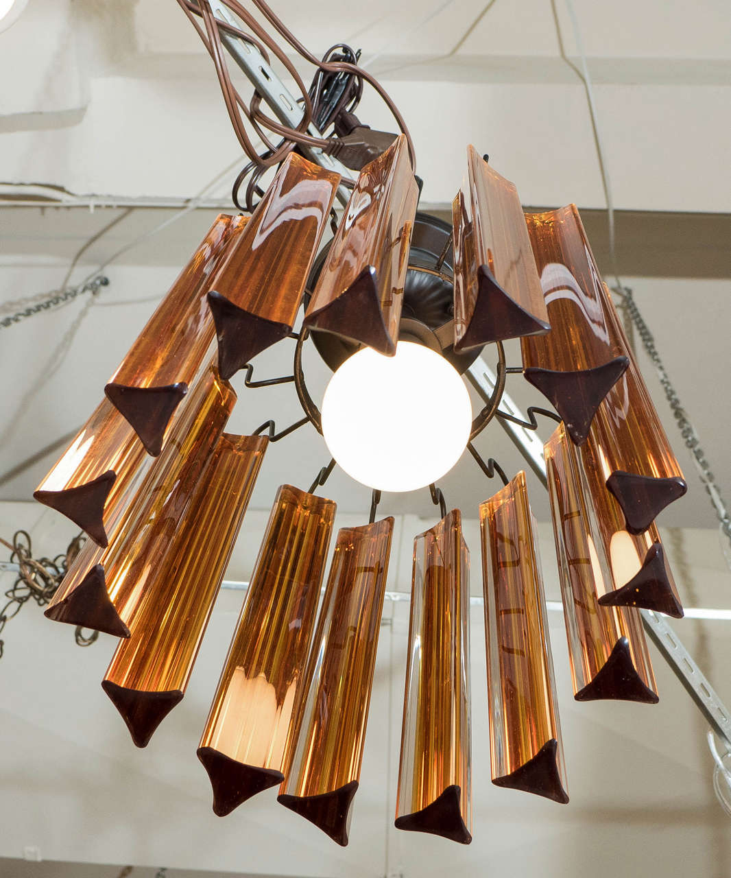 Mid-Century Murano Glass Amber Triedre Prism Chandelier In Good Condition In New York, NY