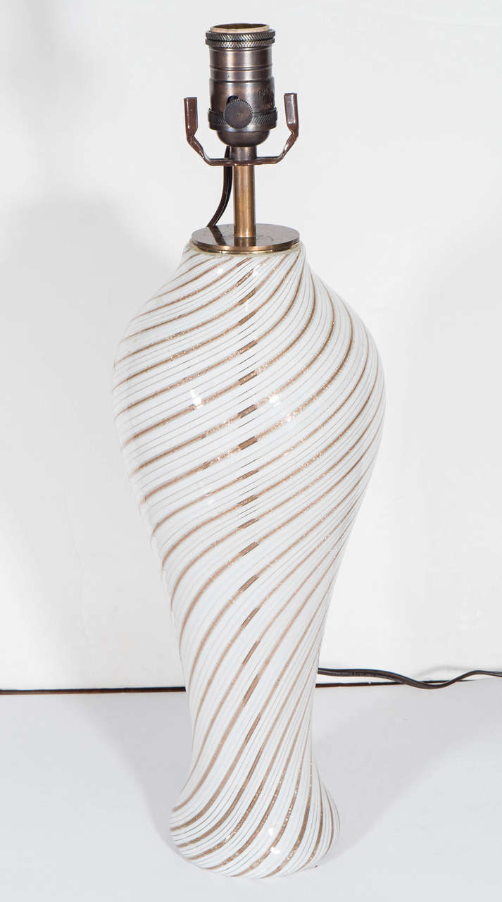 Pair of Mid-Century Murano Glass White and Gold Swirl Table Lamps
