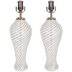 Pair of Mid-Century Murano Glass White and Gold Swirl Table Lamps